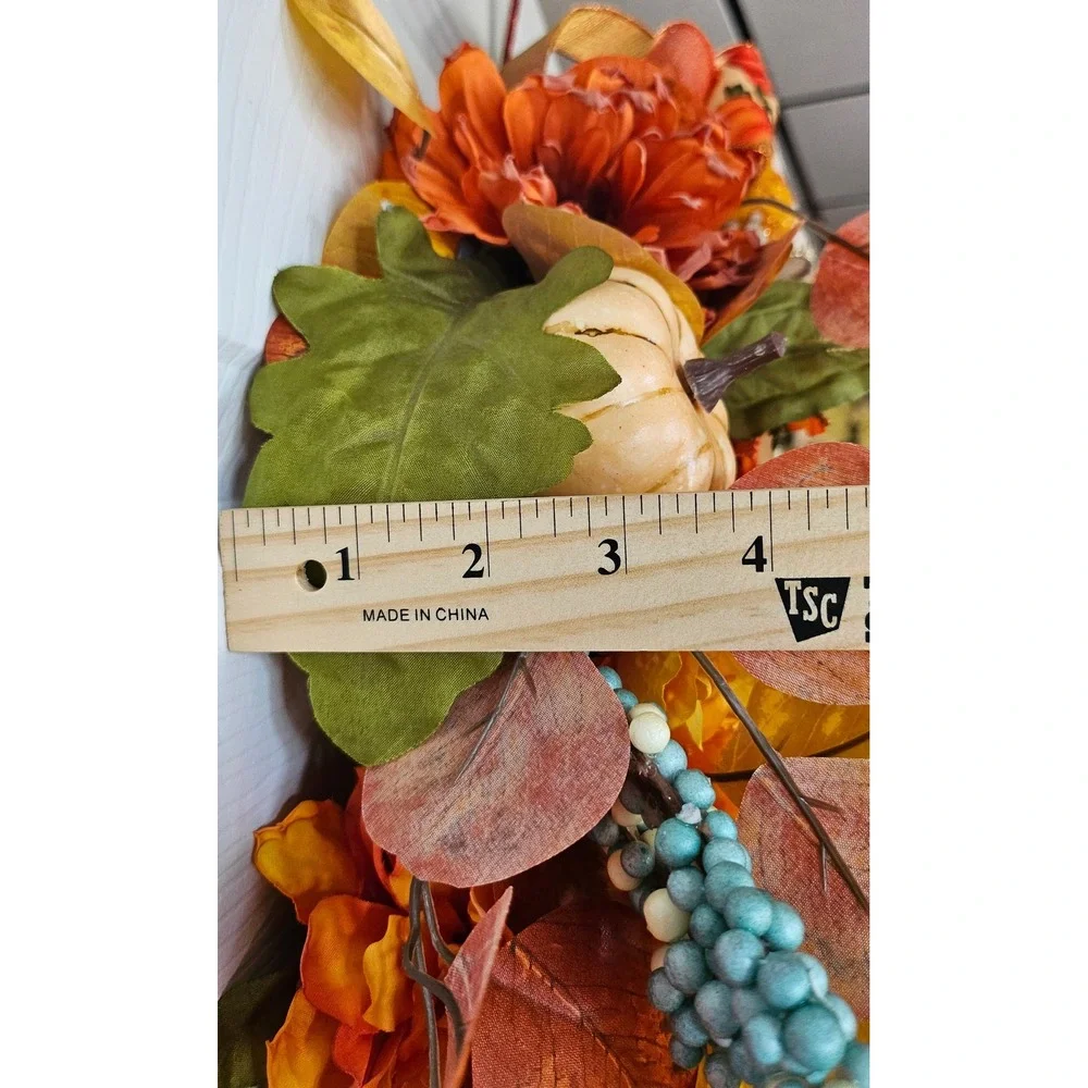 Handmade Fall Wreath Autumn Front Door Decor Teal Orange Pumpkins Sunflowers 24
